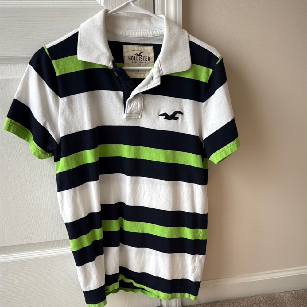 Hollister Men's Polo Shirt - Green, Black, White Stripes